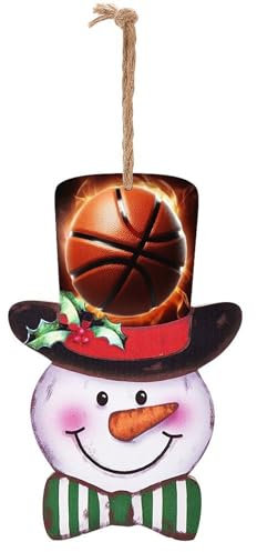 Christmas Snowman Wooden Sign, Basketball On Fire Print Festive Hanging Board for Home Decor, Front Door Ornament, Holiday Decoration