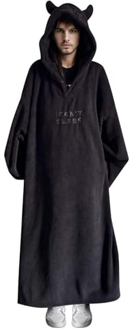 Beokeuioe Camicia da notte in flanella, in pile, da uomo e da donna, vestaglia lunga invernale, accappatoio, biancheria da letto, a maniche lunghe, A nero, XL