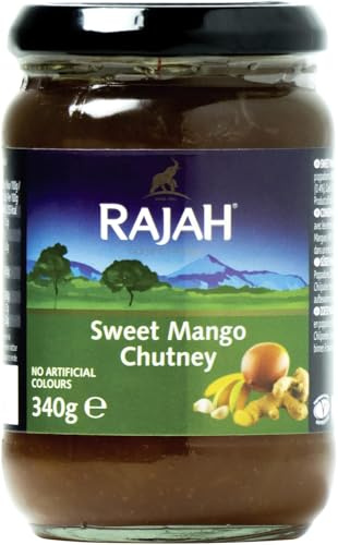 Kajal Rajah Süßes Mango Chutney 340 g – Mango-Stücke ohne Schale 46%, Zucker, Ingwer, Knoblauch, Chili – Perfekt zu Curry, Käse, Brot & Grillgerichten (6 x 340g)