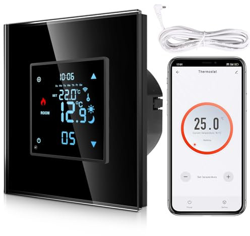 CNBINGO Smart Thermostat Unterputz mit Fühler, Digitaler Raumthermostat für Wasser Fußbodenheizungen und Boiler, kompatibel mit Alexa und Google Assistant, Sprachsteuerung, Schwarz mit Glasrahmen