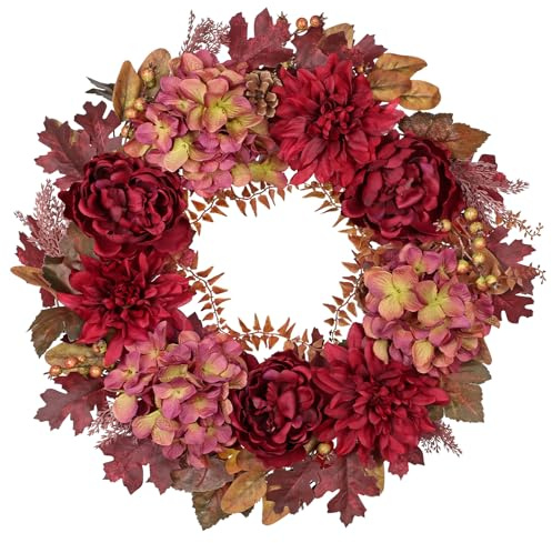 61cm Künstlich Hortensien Herbstkranz Türkranz Kunstkranz mit Pfingstrose | Künstlich Türkranz für Herbstdeko, Thanksgiving-Kranz-Ideen für Ihre Haustür, Innen-und Außendekoration, Tisch Wand Fenster