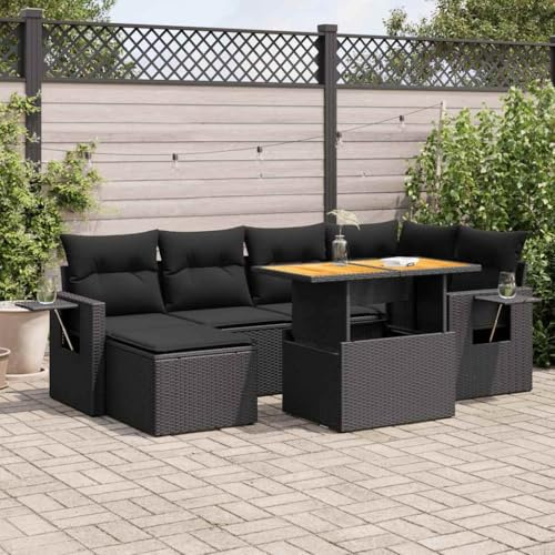 IKAYAA Gartenmöbel Set mit Stauraum Gartenlounge mit Stauraum Balkon Lounge Gartensofa Rattan gartenmöbel Balkon Möbel Wetterfest mit Kissen Poly Rattan-Schwarz-7-tlg