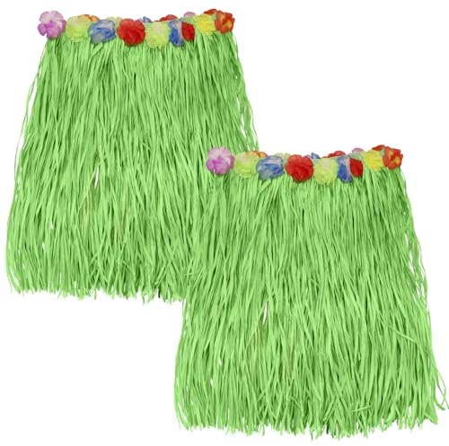 2 Pack Gras Röcke, Raffia Hula Rock mit elastischen Hibiskus Blumen für Erwachsene Frauen Männer Tropical Hawaiian Party Sommer Strand Luau Party