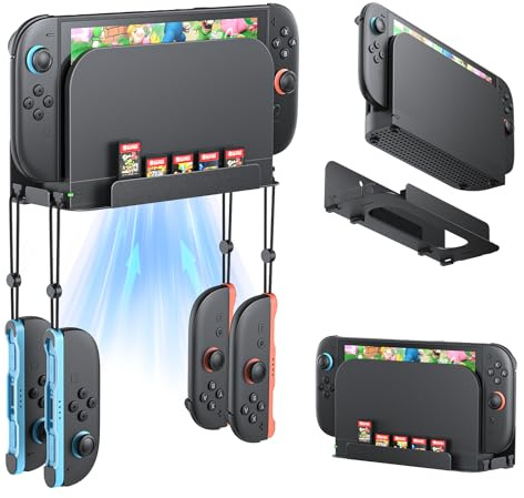 FASTSNAIL Wall Mount for Nintendo Switch 2 Console and Joycon | Organizer for Switch 2025, Shelf Base Kit Behind TV, Accessories for Switch 2 with 4 Joypad Hooks and 5 Card Slots