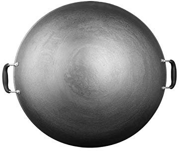 Wok tradicional de hierro fundido de 44 cm, parte inferior redonda, diseño cóncavo poco profundo para cocinar en el hogar, superficie antiadherente duradera, perfecta para freír y abrasar