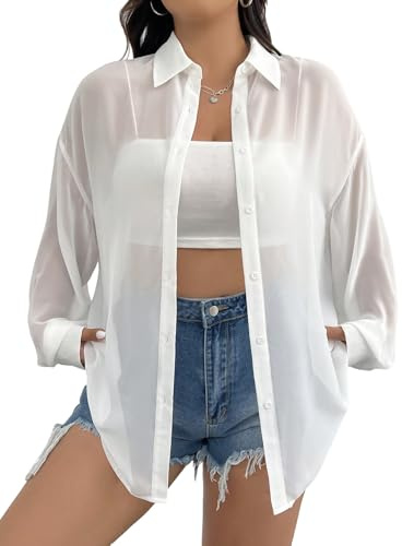 GORGLITTER Blusa transparente para mujer, blusa holgada, blusa curva, blusa de manga larga, cárdigan con hombros caídos, Blanco, XXL