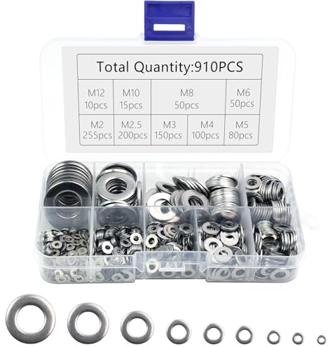 910 Stück Unterlegscheiben Set Edelstahl Flache Karosseriescheiben mit Sortimentskasten in 9 Größen Beilagscheiben Set für Schrauben und Muttern Größen M2 M2,5 M3 M4 M5 M6 M8 M10 M12