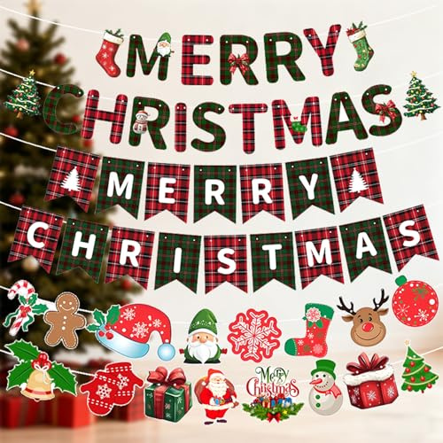 Decoraciones para fiestas navideñas, juego de 56 piezas de decoración navideña, pancarta de Feliz Navidad con Papá Noel, muñeco de nieve, árbol de Navidad y calcetines para fiestas navideñas