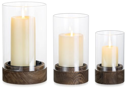 Hewory Vindljus glas bordsdekoration utomhus: uppsättning av 3 vintage glascylindrar för ljus med trägolv, ljusglas, stor för boho, rustik dekoration, vardagsrum, ljushållare, trä för balkong, terrass