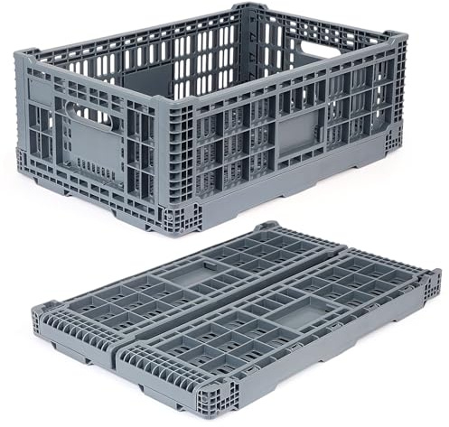 Shineyaplus Collapsible Milk Crate, 52L Heavy Duty Plastic Storage Crate Stackable, Collapsible Crates for Storage, Space Saving for Home & Camping - Large Holds 130 lbs, Dark Grey