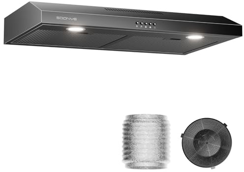 Soonye Under Cabinet Range Hood 30 inch, 250 CFM Exhaust Fan with 3-Speed Control, Matte Black, 5-Layers Reusable Aluminum Filter, Convertible Ducted/Ductless, LED Lights and Carbon Filters