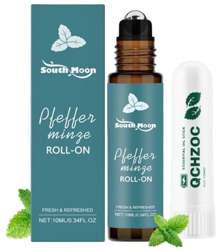 Pfefferminzöl Roll-On,10ml BIO Roll-On Pfefferminze + 1 Stück Nasal Stick Inhalierstift,100% Naturrein,mit 6 ätherischen Ölen,für Einen Klaren Kopf,Lindert Schnell Verstopfte Nase,Ideal für Unterwegs