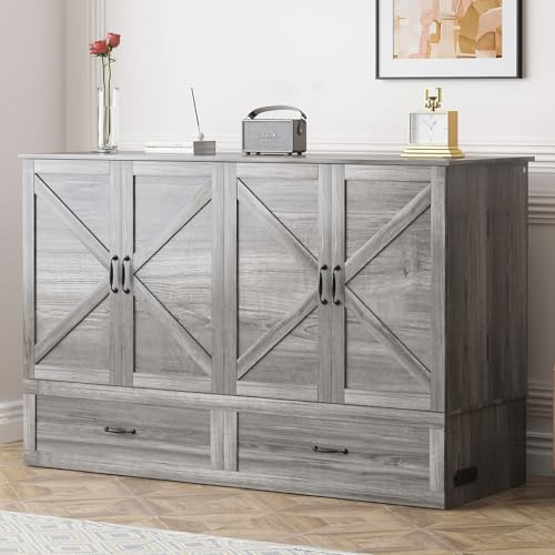 Mjkone Murphy Bed, Cabinet Beds Queen Size with Mattress Included, Built-in Charging Station and Drawer, 63 W Queen Cabinet Murphy Bed, Hidden Guest Beds for Living Room, Bedroom, Apartment, Grey