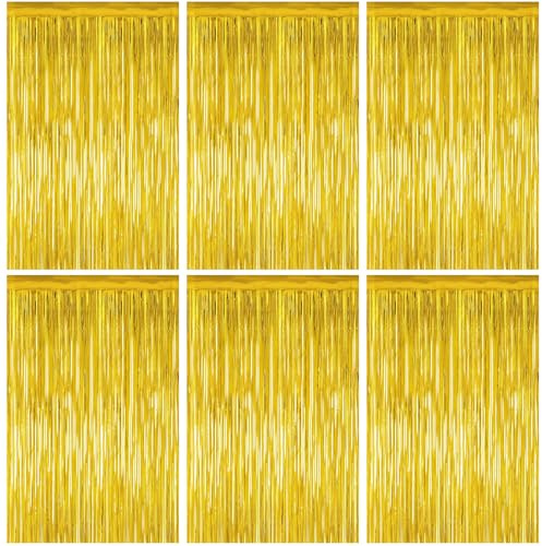 Quelcc 6 Stück Lametta Vorhänge, 1x2m Glitzervorhang Lametta mit Selbstklebendem Band, Wiederverwendbarer Glitzer Vorhang für Geburtstagsfeier Abschlussfeier Weihnachten Party Deko (Golden)