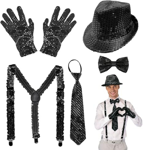 GYIOFAI 5 st discokostym för män, glitter kostymtillbehör för vuxna, jazz dans paljetter hatt handskar slips fluga hängslen, 70-tals disco kläder för karneval fest dans show
