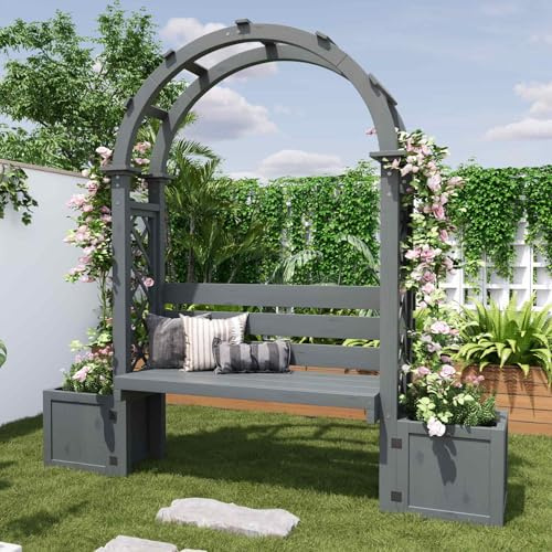 YEHTOKHOME Jardinière avec Banc et 2 bacs à Fleurs,bac à Fleurs en Bois avec Treillis incurvé,pour Jardins,Cours et terrasses,160x160x30.5cm (Gris)