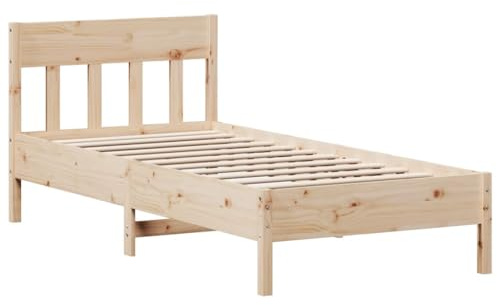 Foknhdi Massivholzbett 90x190 cm aus Kiefernholz, stabiles Bettgestell mit Lattenrost, rustikales Naturholz Einzelbett für Schlafzimmer, unbehandeltes Holzbett