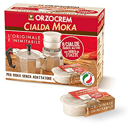 ORZOCREM Cialda Moka, Cialde Pronte all' Uso al Gusto Orzo, Made in Italy, Ideale per Moka Senza Adattatore da 3 Tazze, Astuccio da 8 Cialde