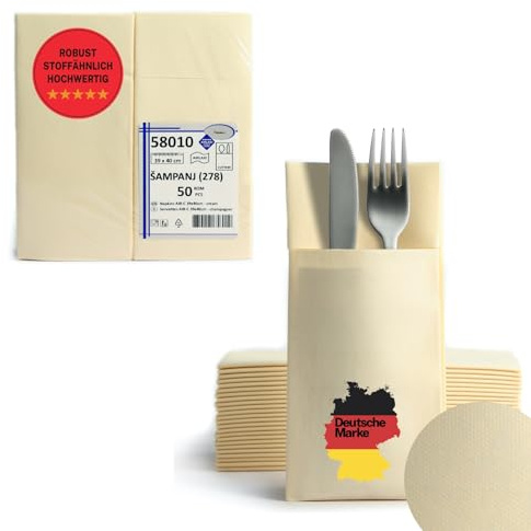 AROBA 50 Stück Vorgefaltete Airlaid Besteckservietten - 39x40 cm Stoffähnliche Einweg-Bestecktaschen mit Serviette, Robust & Besonders Saugstark - für Catering, Events, Hotel & Party - Beige