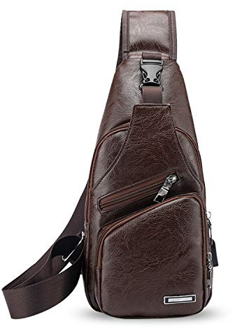 FANDARE New Sling Bag Herren Studenten Outdoor Sport Fitness mit USB-Ladeanschluss Kopfhörerbuchse Umhängetasche Wasserdicht PU Schwarz