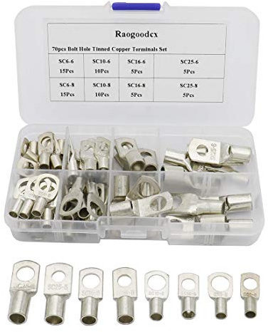 70 Stück Ringkabelschuhe Set Kabelschuhe Ring 10/16/25mm²Verzinnte Bolzenloch Kupferklemmen Isoliert Rohrkabelschuh,Terminalsatz Quetschkabelschuhe mit 8 Größe