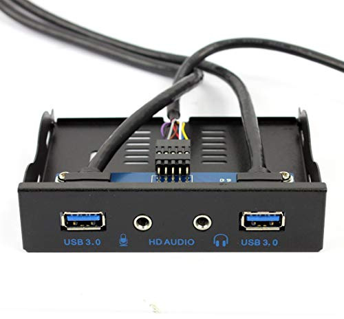 JMT 2Ports USB3.0 PC Front Panel Bracket 3.5 Floppy Bay 19Pin to USB 3.0 Hub HD Audio Earphone Mic Connector with Cable for Desktop (Black)