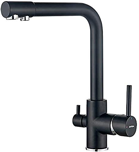 GRIFEMA G4003 3 Way Water Filter Tap, Kitchen Drinking Taps Sink Mixer Brass Swivel Spout with 2 Handles, Hot, Cold and Filter Tap for Kitchen, G3/8 Hose, 360° Swivel, Chrome, Black