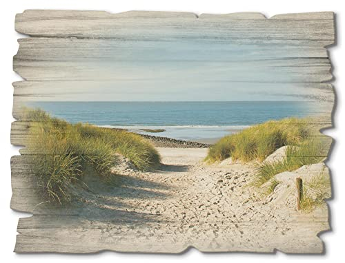 ARTland Wanddeko Bild aus Holz Holzbild vintage Deko 40x30 cm Querformat Strand Nordsee Küste Meer Himmel Düne Gräser Maritim T9EX