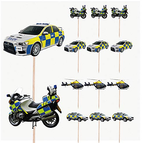 AK Giftshop Echte Polizeifahrzeuge Auto Motorrad Hubschrauber Geburtstag Party Essen Cupcakes Picks Dekorationen Topper (14 Stück)