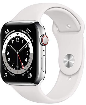 Apple Watch Series 6 (GPS + Cellular, 44mm) - Silver Stainless Steel Case with White Sport Band (Renewed)