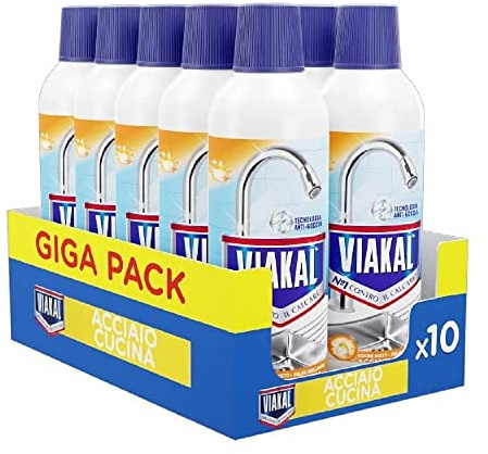 Viakal Anticalcare Detersivo Liquido Acciaio Cucina, 10 x 470 ml, Rimozione del Calcare fino al 100%, Pulito brillante, Brillantezza che dura a lungo