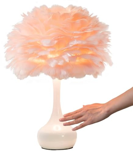 GUANSHAN Elegante Feder-Tischlampe mit weißem Sockel, einfache, romantische und schöne Nachttischlampe, Tischleuchte, Federlampenschirm für Schlafzimmer, Wohnzimmer, Hochzeitsgeschenk