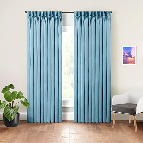 Mamu Thread Collection Triple Pinch Pleated Drapes Curtains Blackout for Doors & Windows with Ring Added Hook (Sky Blue, 42 Inch Wide by 54 Inch Long- 1 Panel)