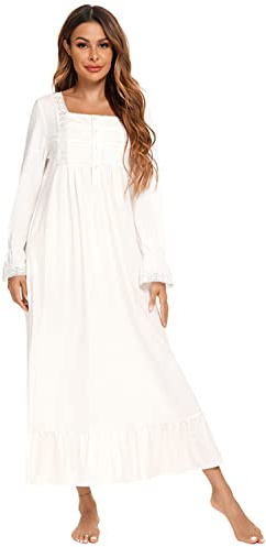 Damen Nachthemd Vintage Viktorianisch Langarm Baumwolle Nachthemd Pyjama Kleid Leicht Weich Homewear Kleid, weiß 2, 42