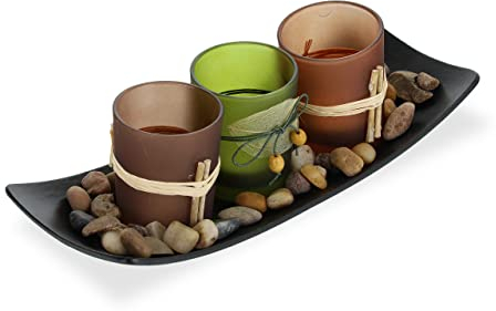 Relaxdays Teelichthalter Set mit Tablett, 25,5 cm lang, 3 Teelichter, Steine, Tischdeko Wohn- und Esszimmer, mehrfarbig