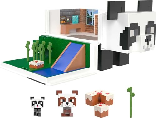 MINECRAFT Mob Head Minis Panda Spielhaus Spielset - 2-etagiges Haus, 2 Panda-Figuren, Wasserrutsche, Bambusgarten, Geburtstagsparty, für Kinder ab 6 Jahren, HLL25