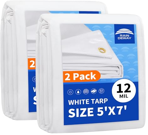 RAINDEWAY - Lona blanca resistente al agua de 5 x 7 pies (paquete de 2), lona de polietileno impermeable multiusos de 12 mm de grosor con ojales y bordes reforzados