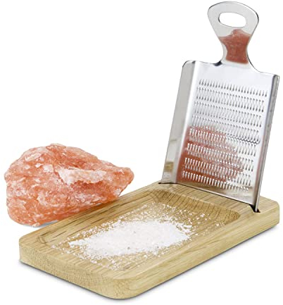 ROMINOX Rallador de especias con aroma exclusivo de acero inoxidable con soporte de madera de roble, estante integrado, ideal para frotar piedras de sal, jengibre, cúrcuma, ajo, aprox. 12,5 x 8 x 2 cm