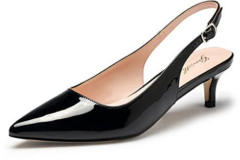 GENSHUO Slingback Pumps für Damen Elegante Kitten Heel Schuhe 5 cm/1,97 Zoll Spitze Lack High Heels mit Geschlossenen Zehen Absatzschuhe für Abend Hochzeit Büro, Schwarz 40EU