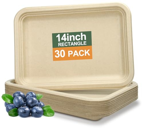 CVIUYO 14x10 Inches Rectangular Bagasse Paper Plates 30Pcs, Disposable Tray