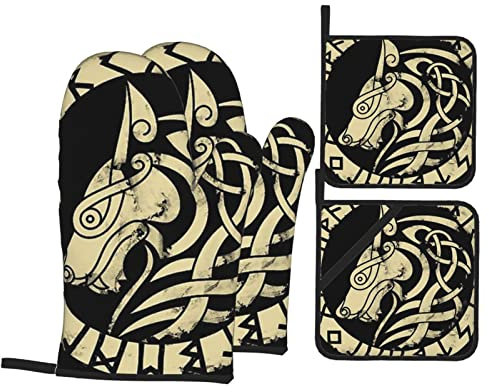 4 Stück Topflappen Set Retro-Wikinger-Wolf Topflappen Lustig Topfhandschuhe Geeignet Oven Mitts Für BBQ, Die Küche, Zum Grillen