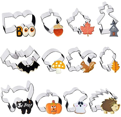 BOFUNX 12pcs Formine per Biscotti Halloween in Acciaio Inox Stampi per Biscotti Halloween Autunnale Tagliabiscotti DIY a Forma di Zucca Pipistrello Foglia di Acero Scoiattolo