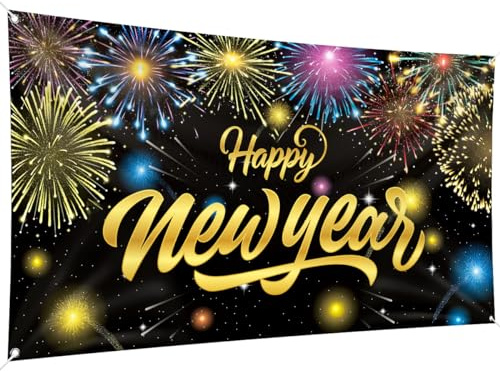 Happy New Year Party Banner di grandi dimensioni Felice Anno Nuovo Banner Nero Sfondo Oro Banner Capodanno Decorazioni per feste di Capodanno Decorazioni per Feste Celebrazione, 200 x 110 cm