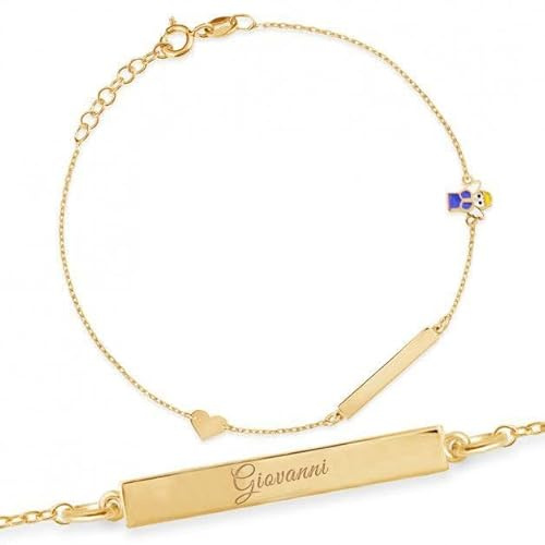 Sakrami Armband mit Engelchen und Herz für Kind aus 9 Karat Gold + Schmuck mit personalisierten Box - Geschenkidee für Mädchen zur Geburt, Taufe und Kommunion besonderen Anlässen