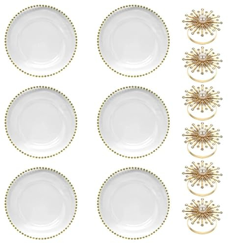 Trimming Shop 13-inch Gold Beads Design Glass Charger Plates with Pearl Diamante Napkin Rings Combo Pack – Perfect for Wedding, Dinner Party, Event, Table Setting, and Table Decorations.