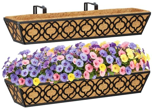 HFHOME 2Pcs 76.2cm/30in Large Hanging Flower Baskets with Trough Coco Liner and Adjustable Brackets, Metal Window Deck Box Railing Planter Box for Balcony Terrace Fence Garden