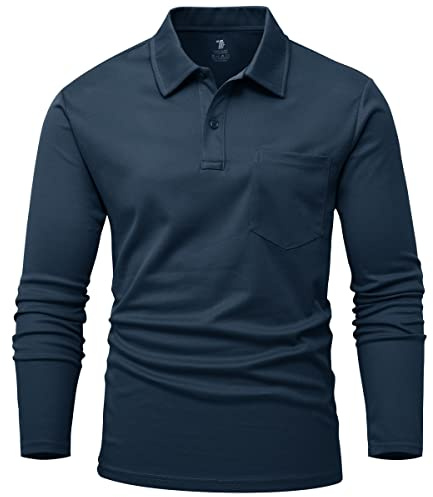 Rdruko Mens Long Sleeve Golf Polo Shirts with Chest Pocket, Navy Blue M