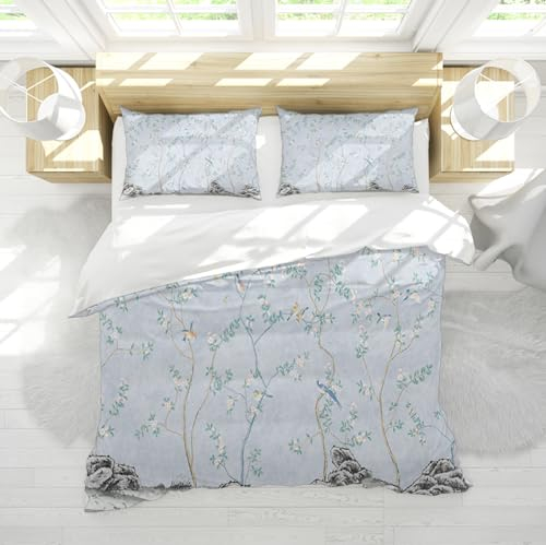 DINGSION Baby Blue Bettwäsche Set 3 Stück Zweig Weiße Blume Kolibri Atmungsaktives Schlafzimmer-Bettwäsche-Set mit 2 Kissentüchern Reißverschluss 4 Bänder 135 x 200 cm