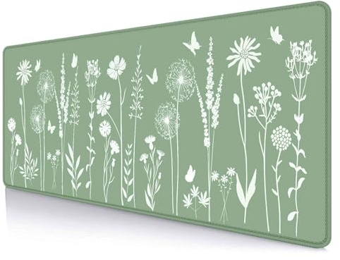 LTHAOGUO Cute Sage Green Desk Mat Mousepad, Plant Floral Anime Gaming Deskmat, Aesthetic Deskpad, Minimalist Mint White Leaves XL Mouse Pad, Decor Accessories, 31.5 X 11.8 Inch, Large