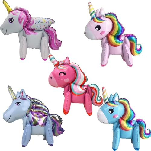 Koboko Einhorn Luftballon Set, 5 Stück 3D Folienballon Einhorn, Walking Einhorn Deko Kindergeburtstag, Luftballons Pastellfarben Unicorn Party Deko, Unicorn Folienballon Deko Kindergeburtstag Mädchen